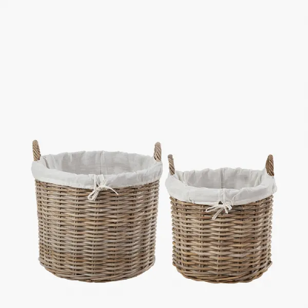 Tobs S 2 Grey Kubu Rattan Lined Round Log Baskets