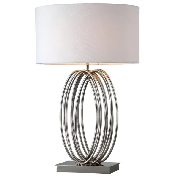 Nickel Metal Oval Looped Table Lamp White Fabric Shade