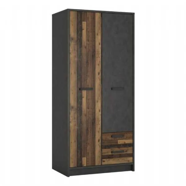 Industrial Brooklyn Dark Matera Grey and Walnut 2 Drawer 2 Door Wardrobe