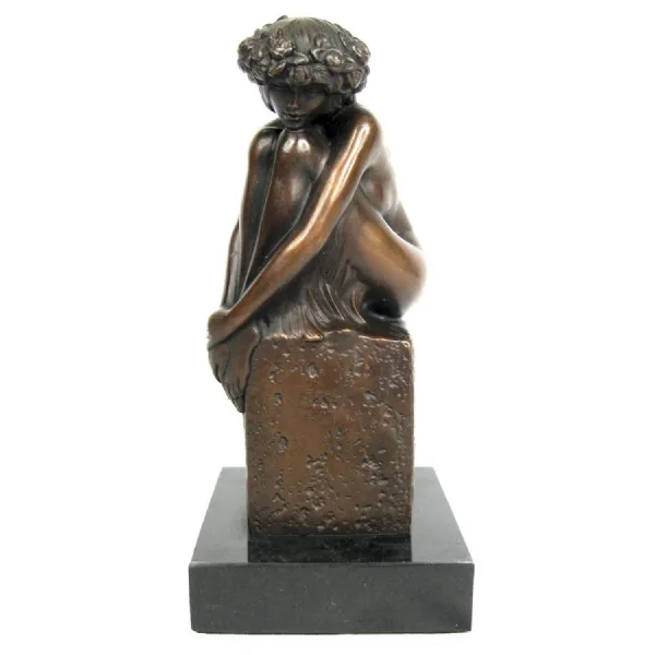 Bronze Sculpture Girl Sitting On Plinth Marble Base 21cm