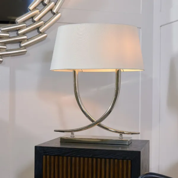 Nickel Metal Twin Bulb Holder Table Lamp with Oval Shade