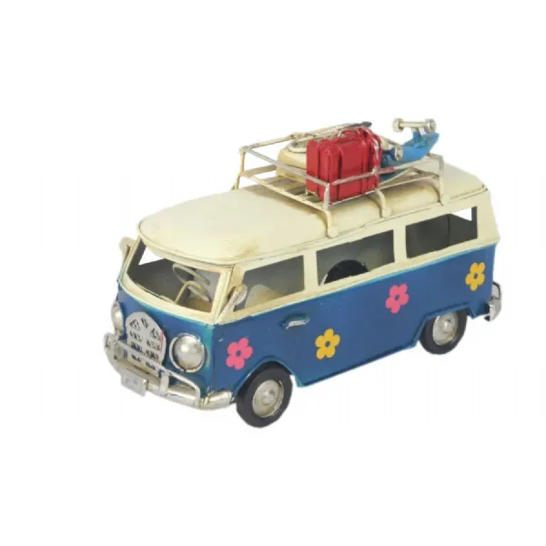 Dark Blue Camper Van with Flowers 17cm