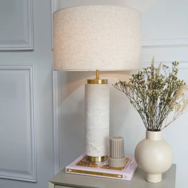 Travertine Marble and Brass Base Table Lamp with Linen Shade