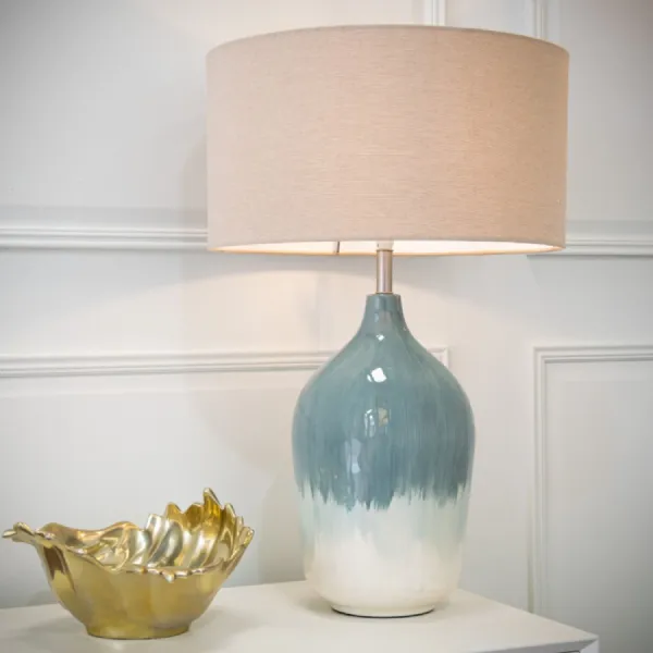 Cream and Blue Gloss Enamel Coast Table Lamp Beige Shade