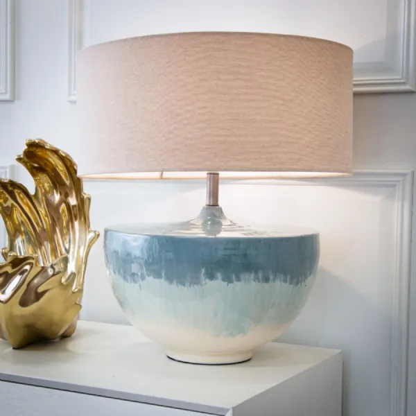 Blue Gloss Enamel Large Table Lamp with Beige Shade