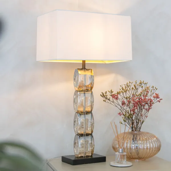 Glass Textured Stacked Design Table Lamp with Cream Shade