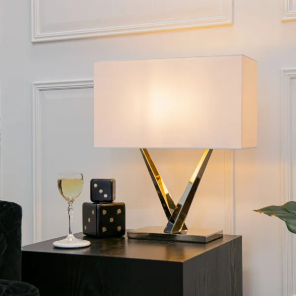 Nickel Metal V Shaped Table Lamp with Off White Shade
