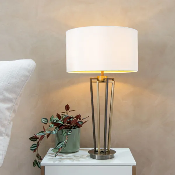 Brass and Dark Metal Based Table Lamp with Cream Shade