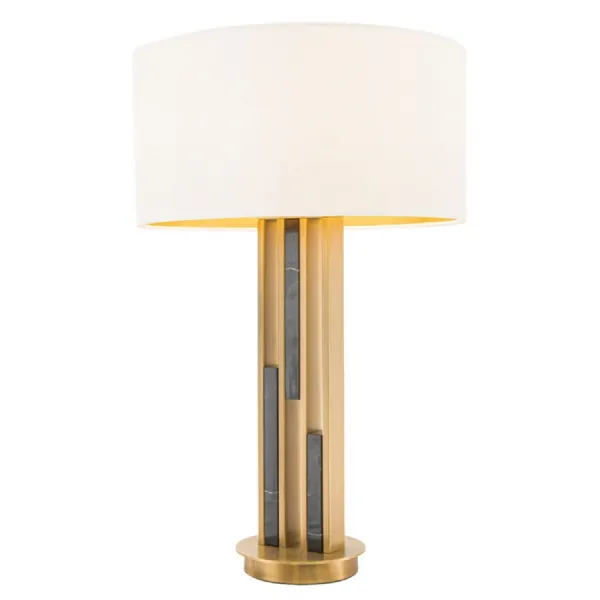 Brass Metal and Black Marble Table Lamp Cream Fabric Shade