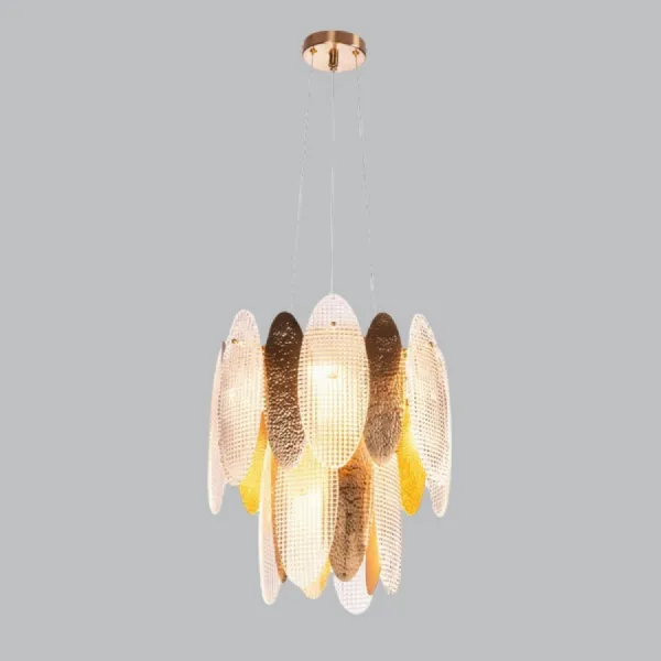 Brass Metal Chandelier with Textured Glass Panels