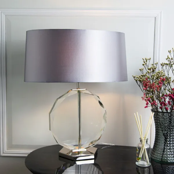 Nickel with Crystal Round Based Table Lamp with Round Shade