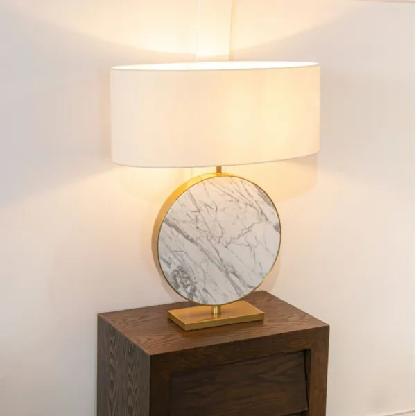 Brass Metal and Marble Round Base Table Lamp with Opal Shade