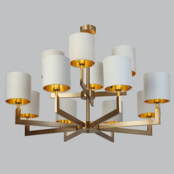 Brass Metal and Opal Fabric 12 Arm Chandelier