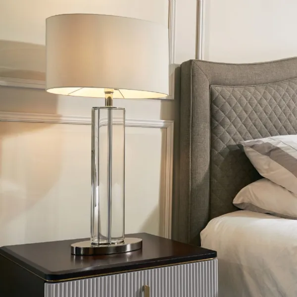 Nickel and Crystal Table Lamp with Oval Shade