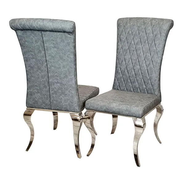 Luxury Dark Grey PU Leather Cross Stitch Back Dining Chair with Chrome Curved Legs
