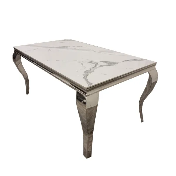 Modern White Marble Top Rectangular 6 Seater Dining Table with Chrome Curved Legs