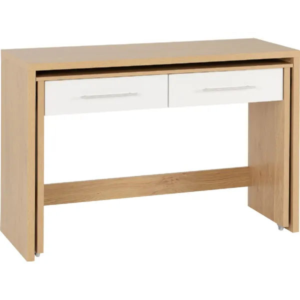 Seville 2 Drawer Slider Desk White High Gloss Light Oak Effect Veneer