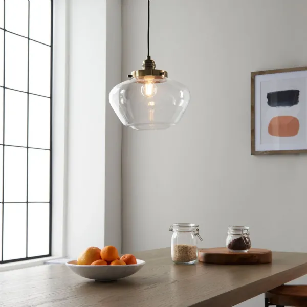Antique Brass School House Pendant Light with Clear Glass