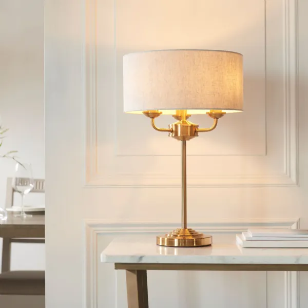 Vintage Brass Steel 3 Light Table Lamp Linen Fabric Shade