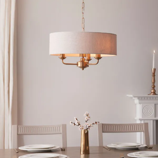 3 Pendant Light Natural Linen Shade Vintage Brass Finish