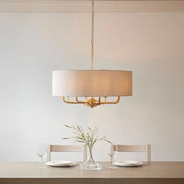 8 Light Vintage Brass Pendant with Linen Shade