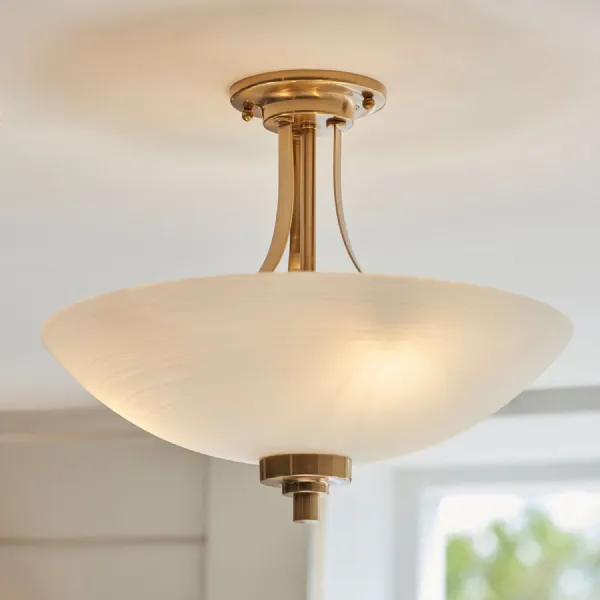Brushed Aged Brass 3 Light Ceiling Fixture with White Glass
