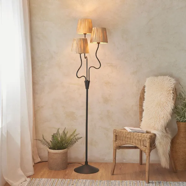 3 Arm Floor Lamp Matt Black with Raffia Shades