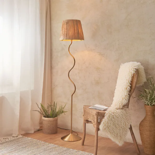 Wriggle Floor Lamp Aged Brass with Raffia Shade