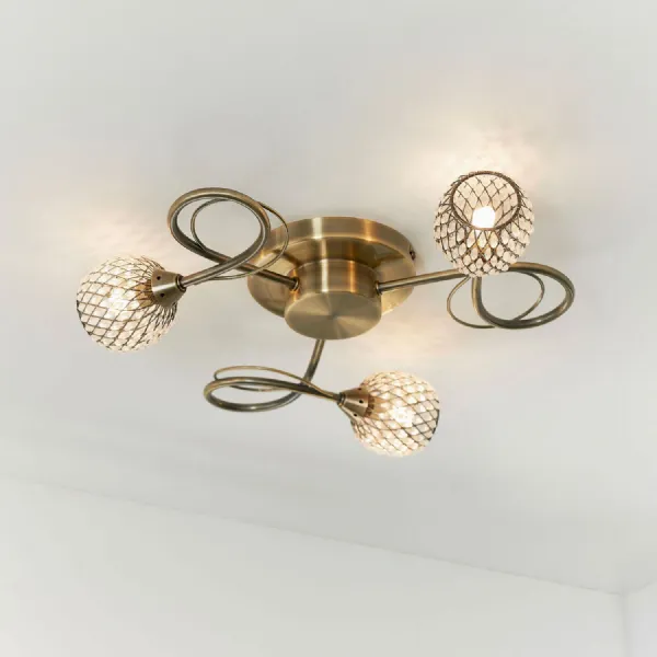 Antique Brass Effect Small 3 Ceiling Lamp