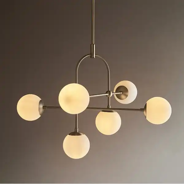 Steel and Glass 6 Bulb Semi Flush Ceiling Light with Matt Antique Brass Plate 86cm Diameter