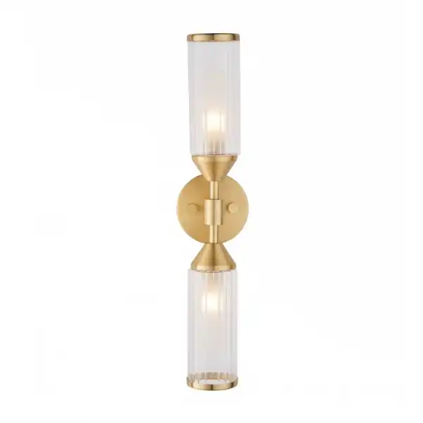 Remo Frosted Ribbed Cylindrical Glass Double Wall Light Capped with Satin Brass Holder