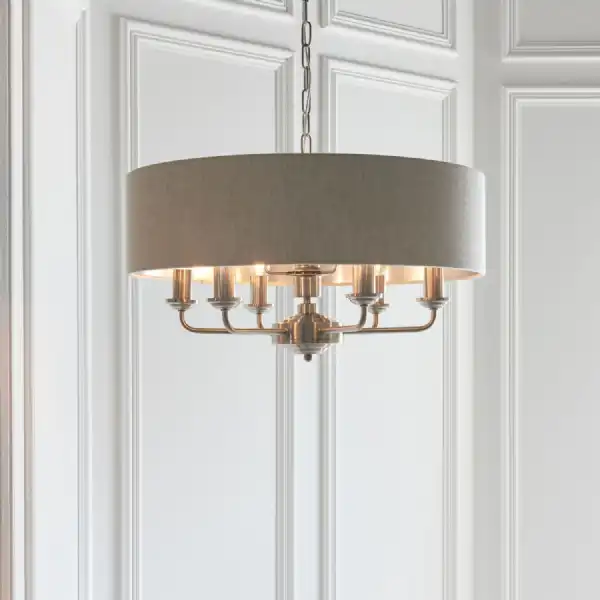 Brushed Chrome Metal 6 Pendant Ceiling Light Linen Fabric Shade