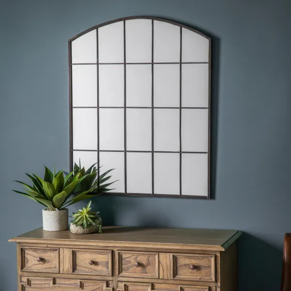 Large Rustic Metal Arched Multi Window Wall Mirror