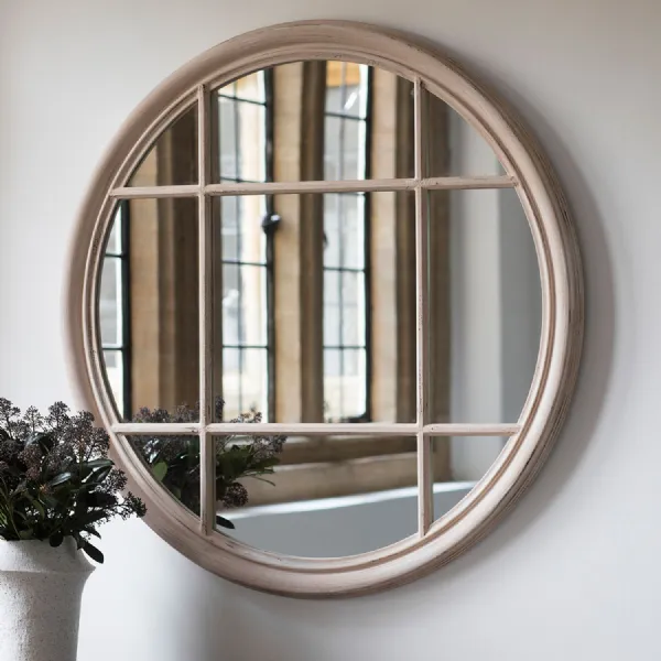 Matt Taupe Painted Distressed 100cm Round Window Wall Mirror