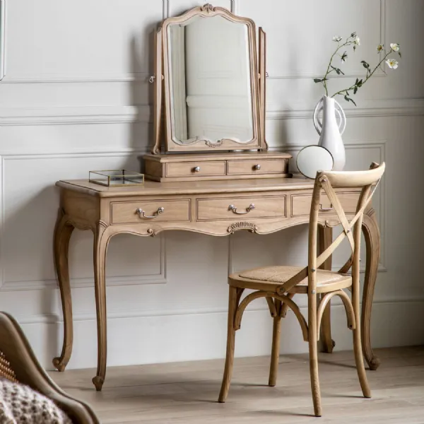French Ornate Carved Weathered Wood 3 Drawer Dressing Table