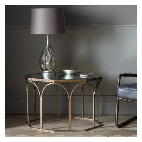 Gold Metal Octagonal Coffee Side Table with Glass Top