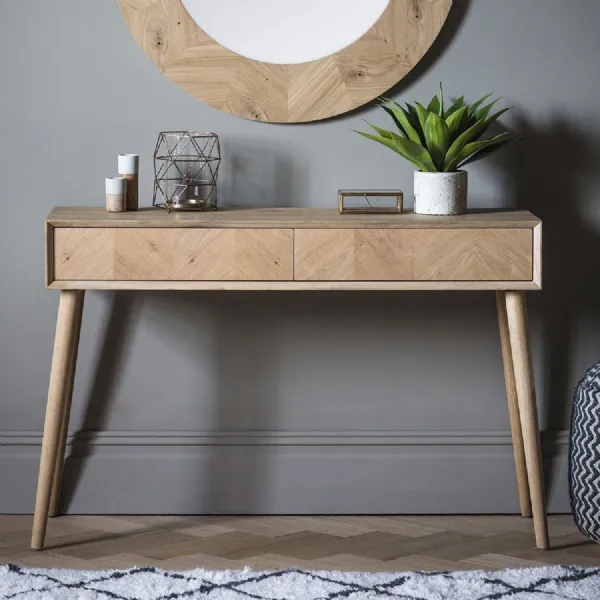 Oak Console Table Wood Inlay Chevron Design 120cm Wide