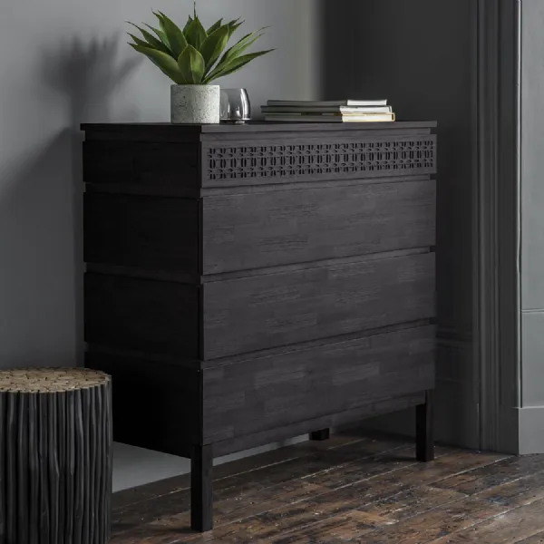 Matt Black Carved Wooden Chest of 4 Drawers with Fretwork