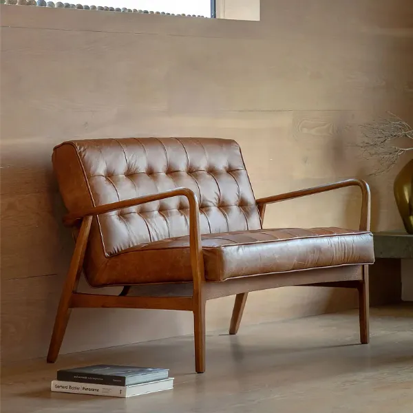 Tan Brown Leather 2 Seater Buttoned Sofa Oak Wood Arms