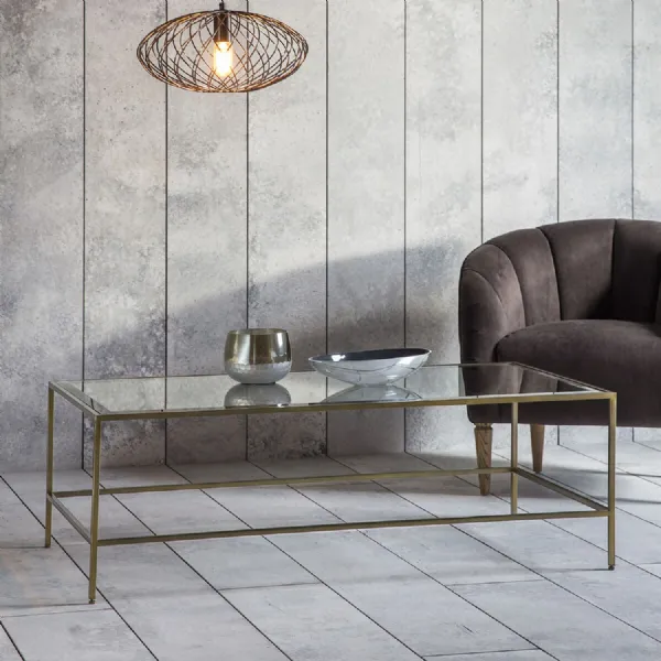 Rectangular Low Coffee Table Bronze Metal Frame Glass Top