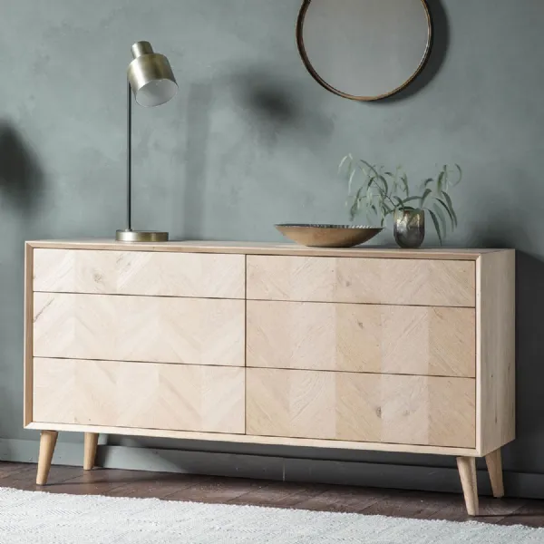 Large Wide Light Oak Chevron Design Chest of 6 Drawers