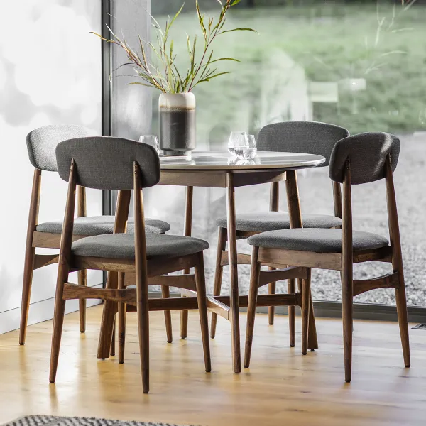 White Marble Top Dark Wood Round Dining Table 4 Seater