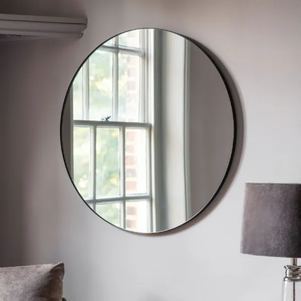Round Black Wall Mirror Slim Metal Frame 80cm Diameter