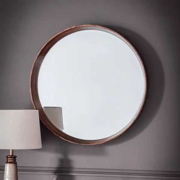 Large Round Walnut Recessed Deep Frame Wall Mirror