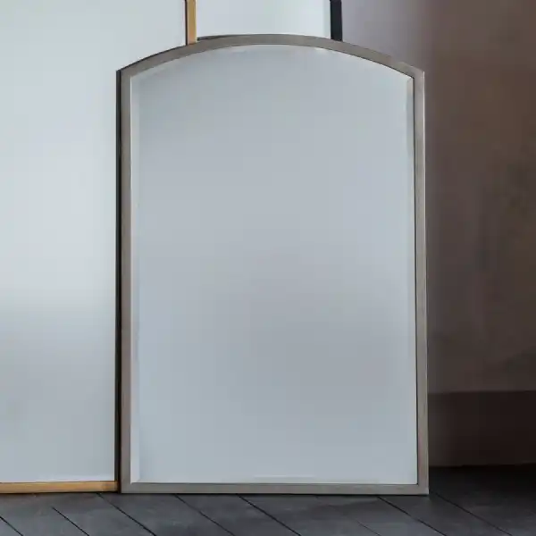 Antique Silver Thin Metal Framed Arched Bevelled Wall Mirror 90x60x2cm
