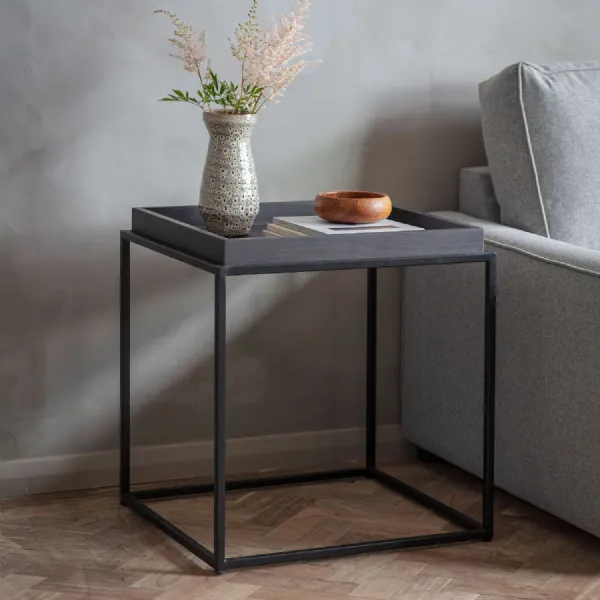 Black Wooden Tray Top Side Table Black Metal Legs