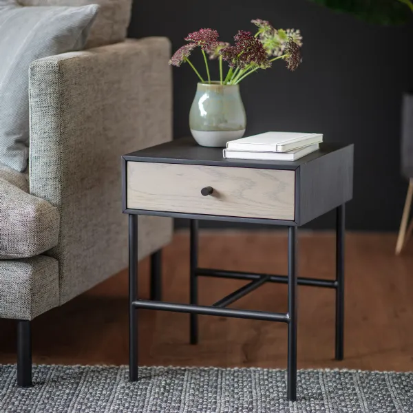 Grey and Black Oak Wood Bedside Table with Drawer