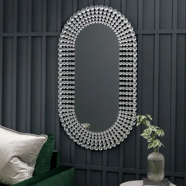 Large Crystal Glass Beaded Frame Oval Wall Mirror