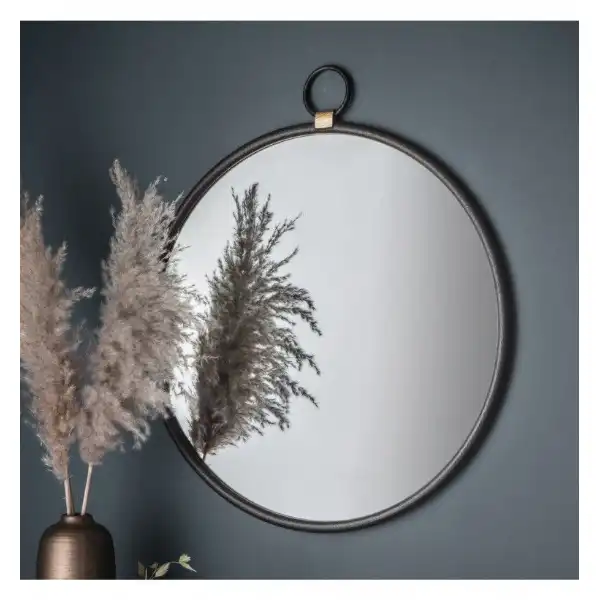Pocket Watch Style Black Hammered Iron Metal Round Wall Mirror 61cm Diameter