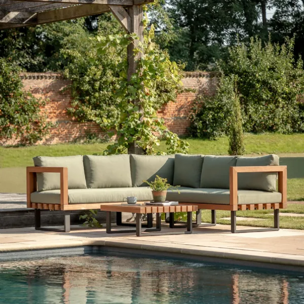 Large Green Cushioned Slatted Wood Garden Corner Sofa Set